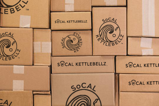Boxes of kettlebells at SoCal Kettlebellz warehouse. 